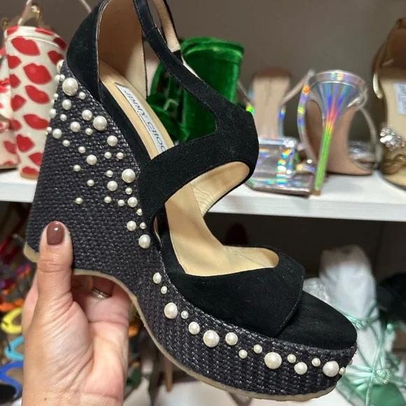 Jimmy Choo Palm 120 black Embellished Wedge Sandals - Picture 3 of 3